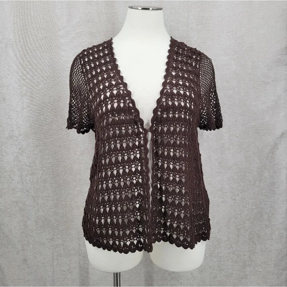 Y2K Crochet Cardigan in Choclate Brown Loose Knit Short Sleeves Cotton